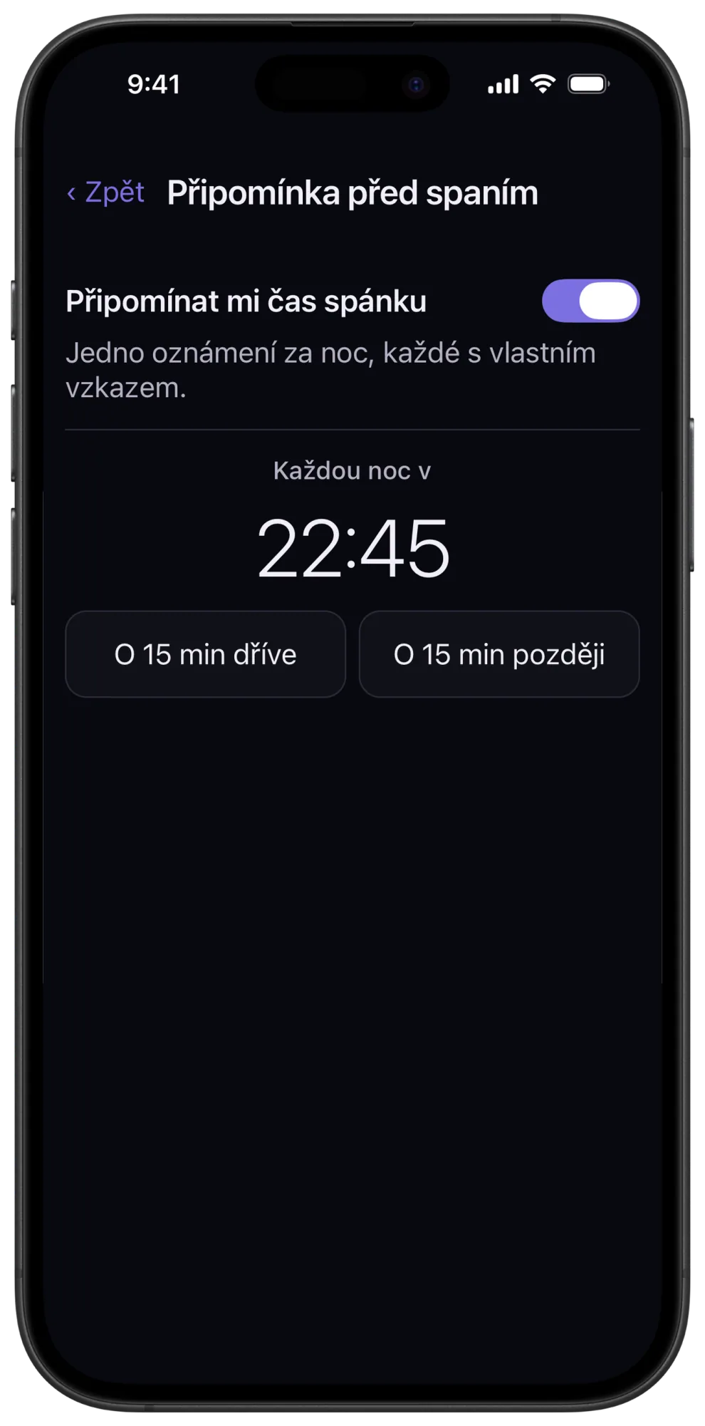 Nastavení připomínky před spaním ve Veil s výběrem času