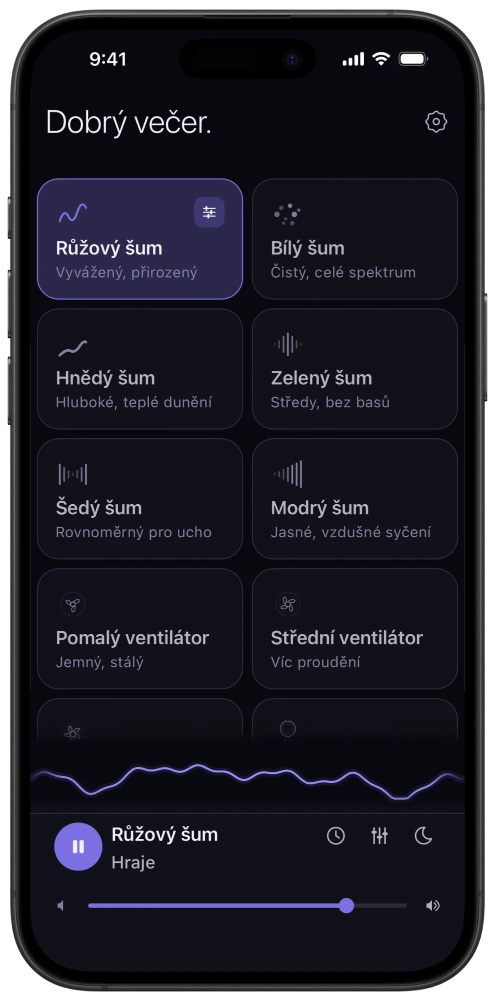 Domovská obrazovka Veil na iPhonu: tmavá mřížka karet se zvuky, hnědý šum mezi bezplatnými zvuky, nad posuvníkem přesné hlasitosti