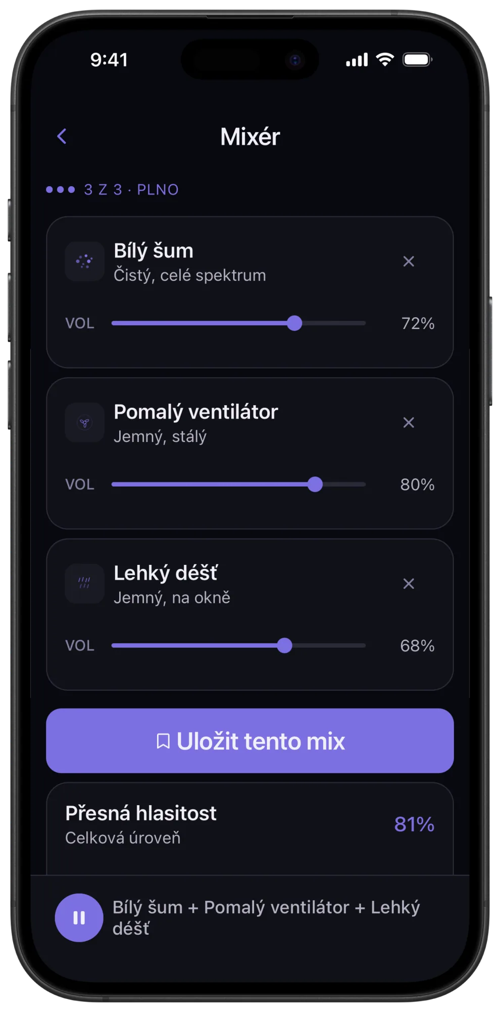 Mixér Veilu s pomalým ventilátorem, bílým šumem a lehkým deštěm na nezávislých úrovních, tlačítkem Save this mix a ovládáním přesné hlasitosti