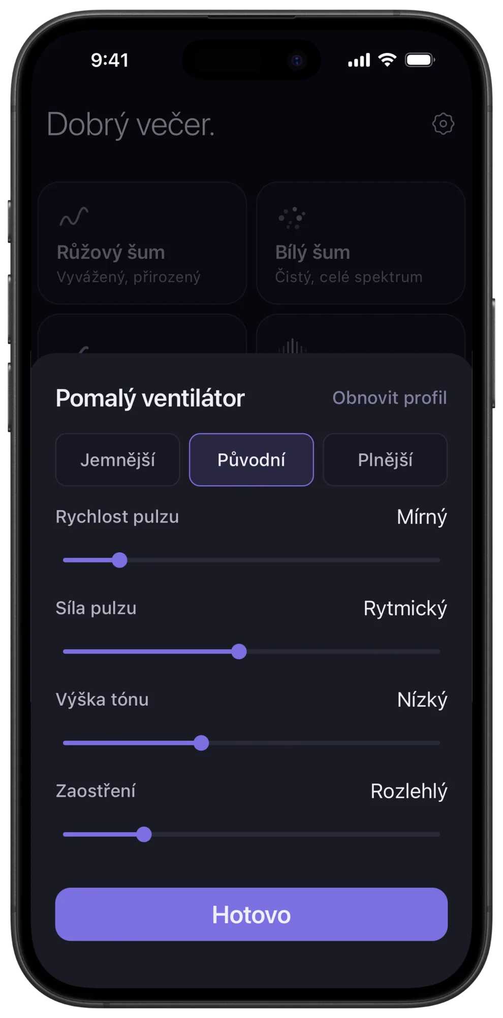 Ladicí panel aplikace Veil pro pomalý ventilátor s posuvníky Pulse Speed, Pulse Strength, Pitch a Focus
