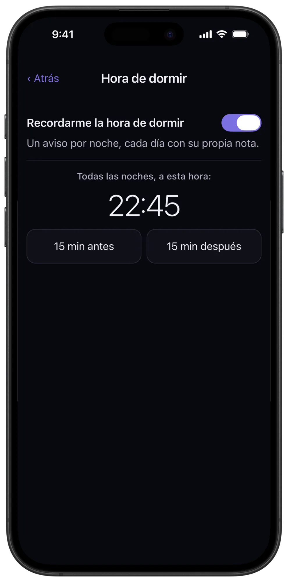Configuración del recordatorio para dormir en Veil