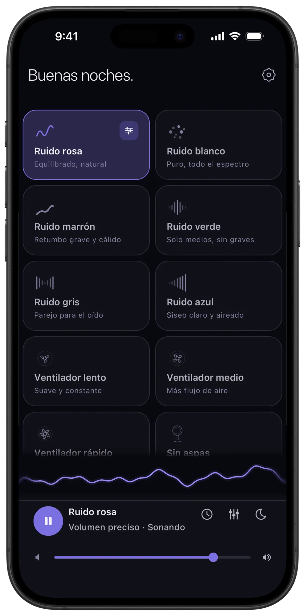 Pantalla de inicio de Veil: cuadrícula oscura de sonidos con ruido rosa en reproducción, ruido marrón entre las tarjetas y control de volumen de precisión en la barra inferior