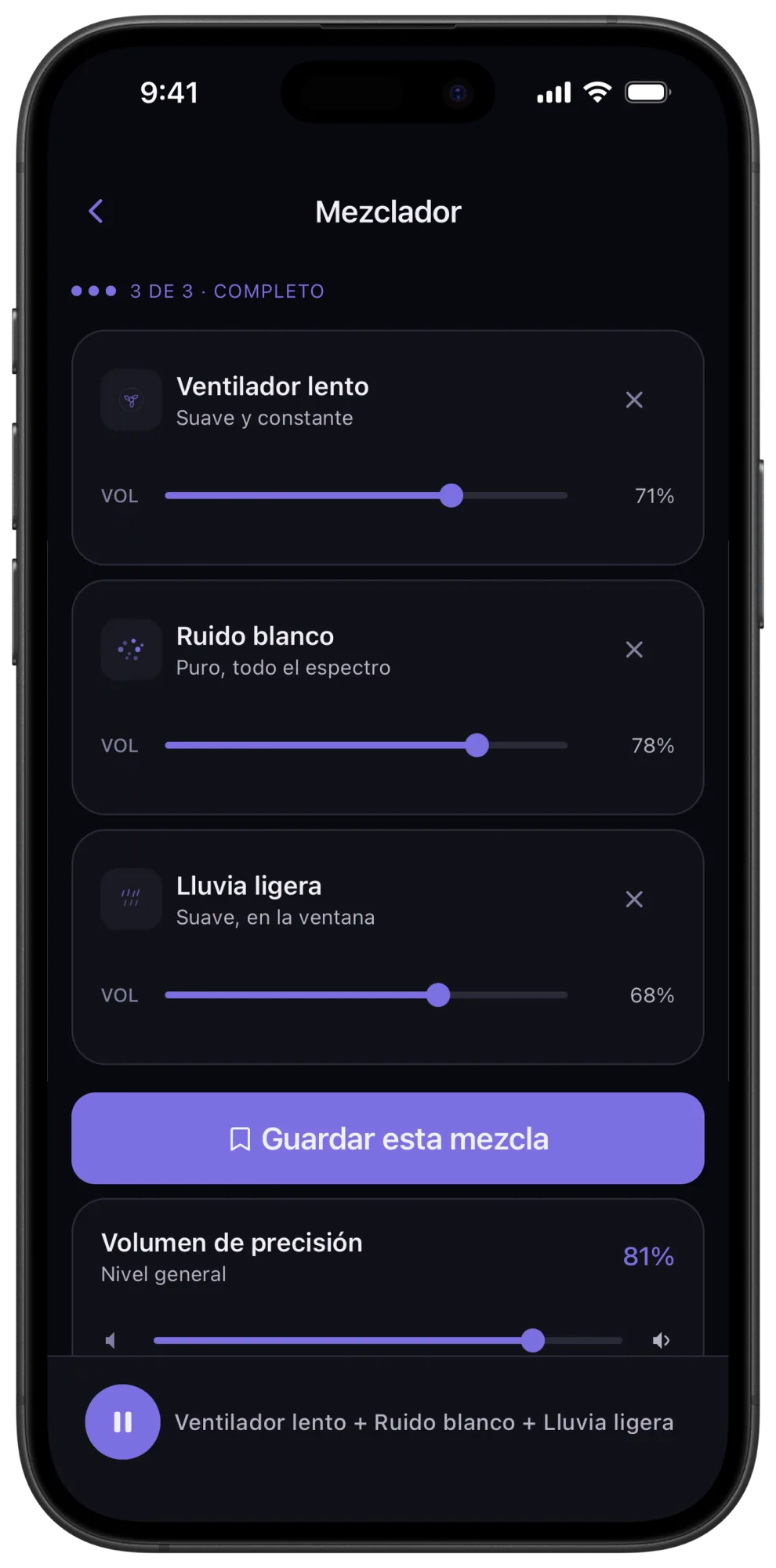 Mezclador de Veil con ventilador lento, ruido blanco y lluvia ligera a volúmenes independientes, un botón para guardar la mezcla y control de volumen de precisión