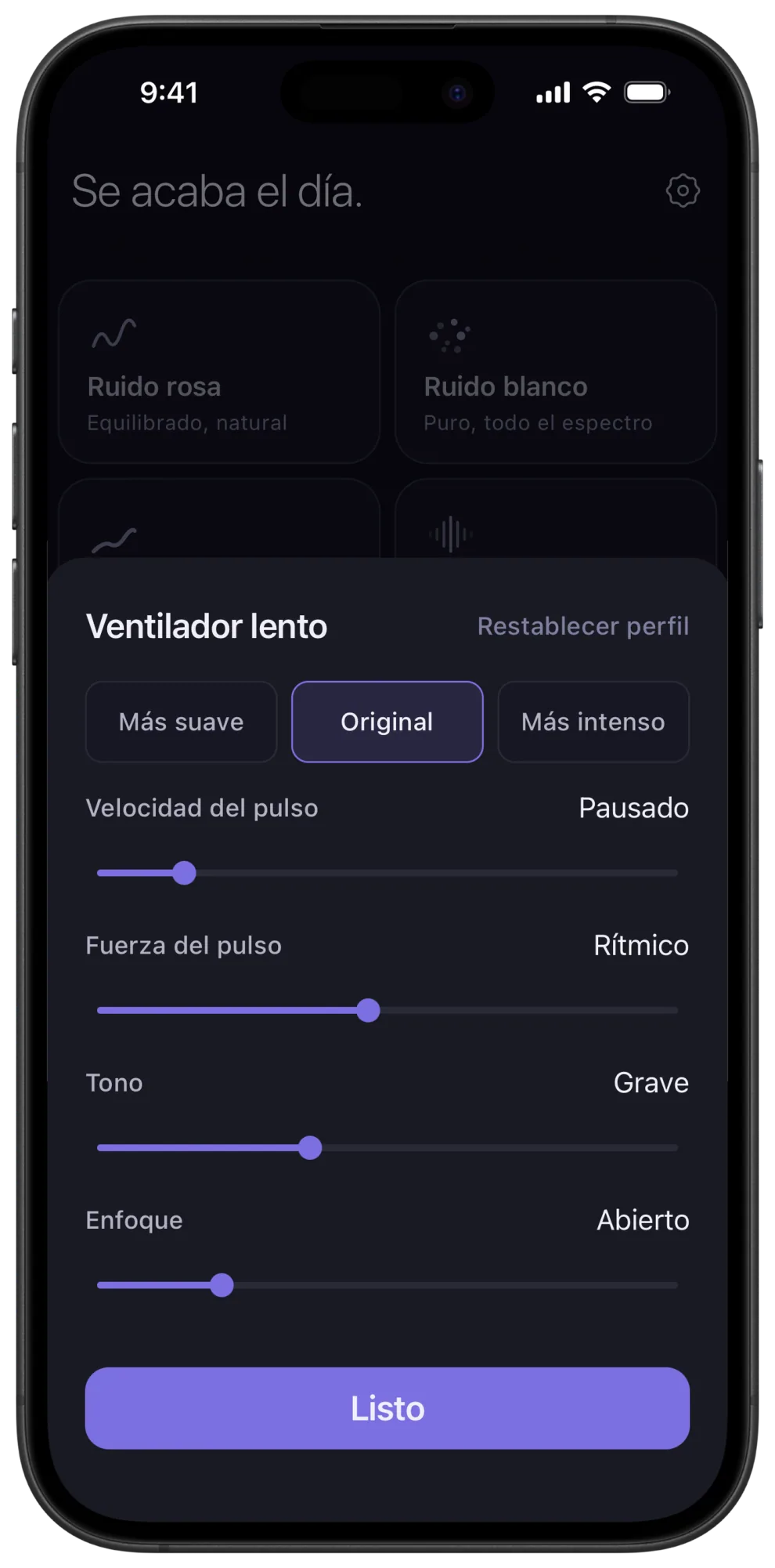 Controles de ajuste del sonido de ventilador lento en Veil