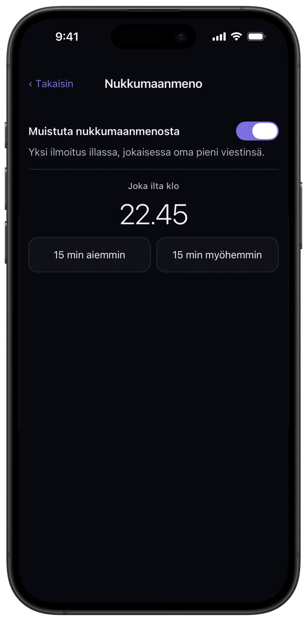 Veilin nukkumaanmenomuistutuksen asetukset ja ajan valinta