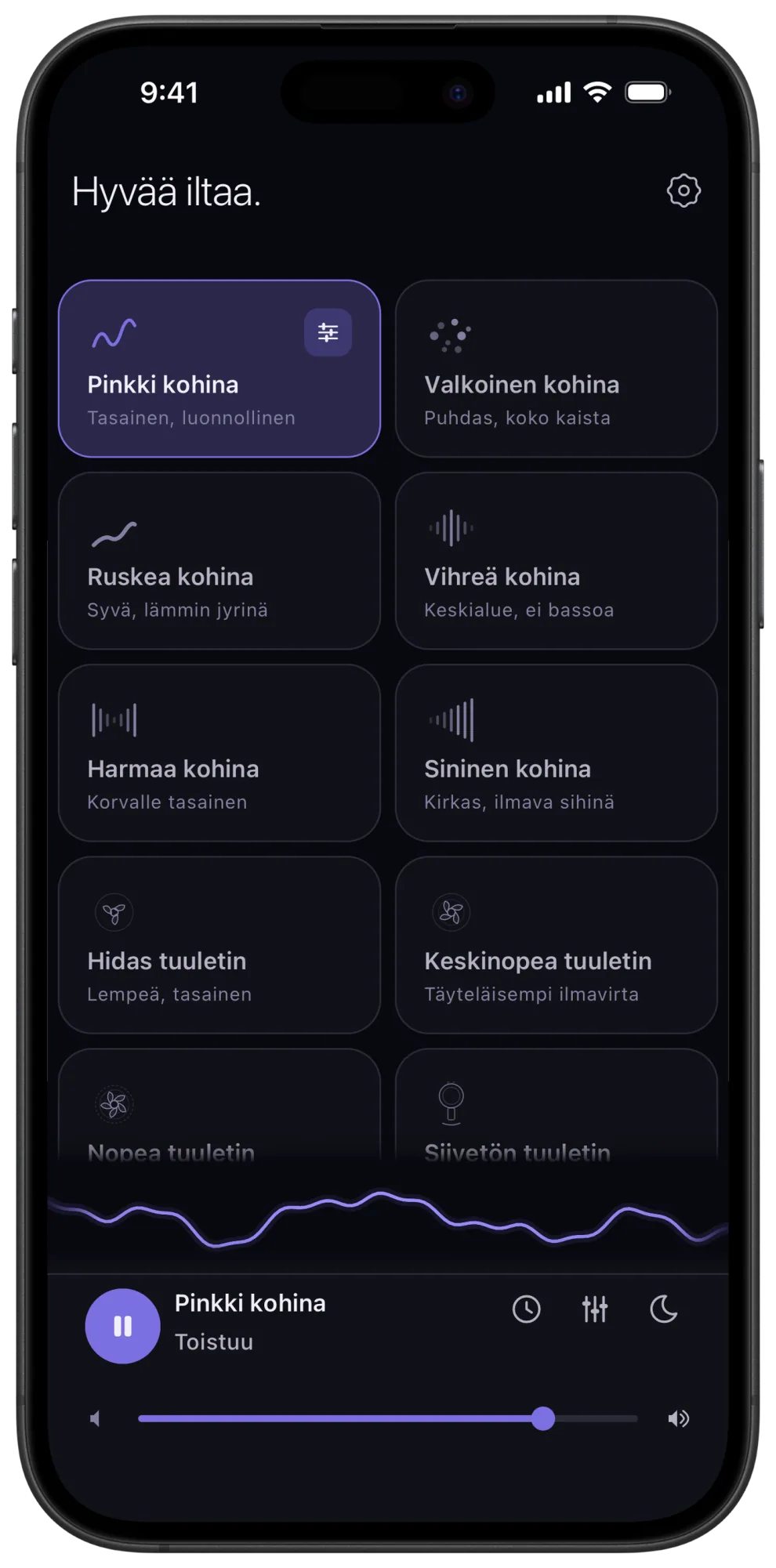 Veilin kotinäkymä iPhonessa: tumma ruudukko äänikorteista, ruskea kohina ilmaisten äänten joukossa, alla tarkan äänenvoimakkuuden liukusäädin