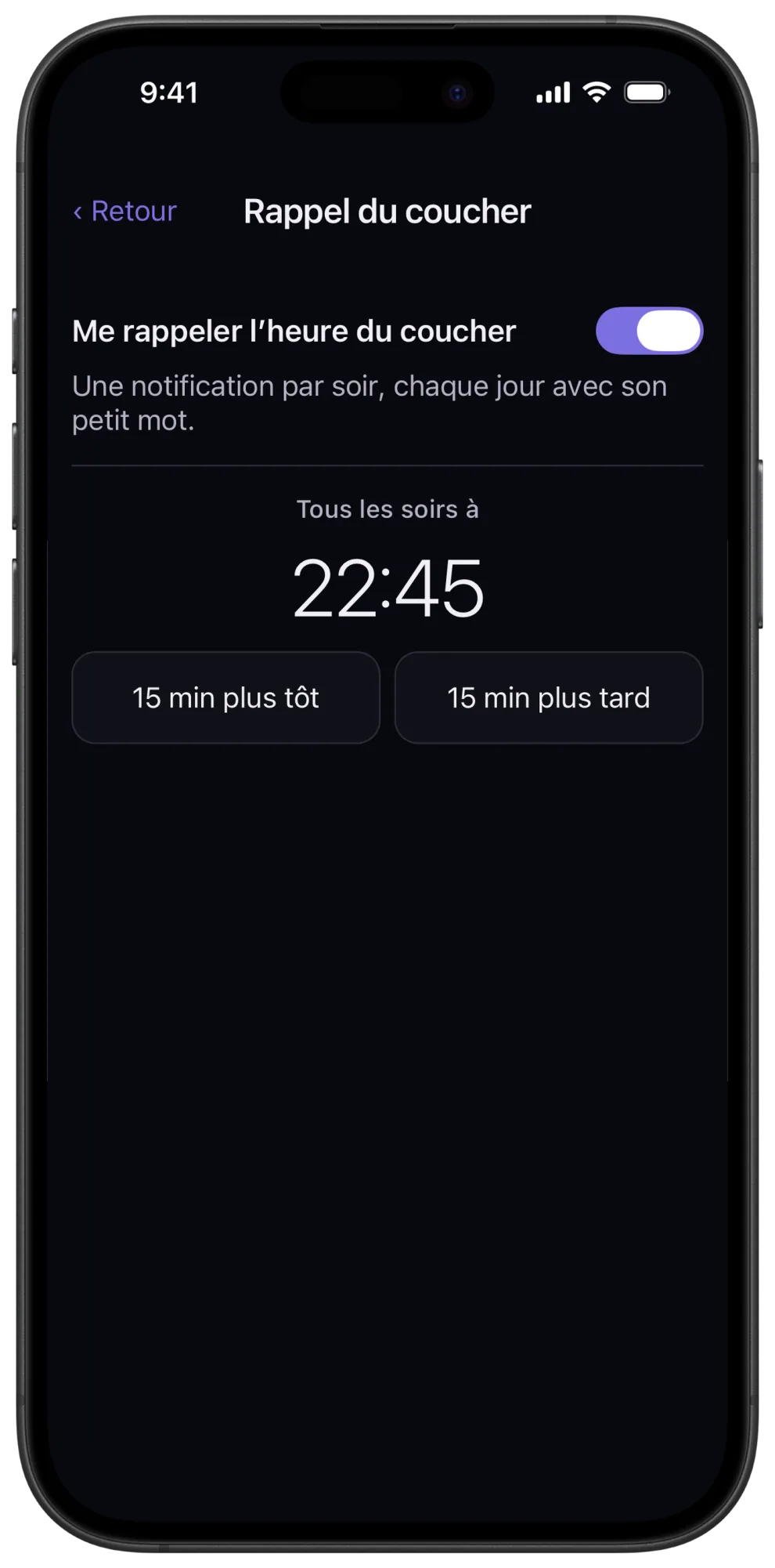Réglages du rappel du coucher dans Veil