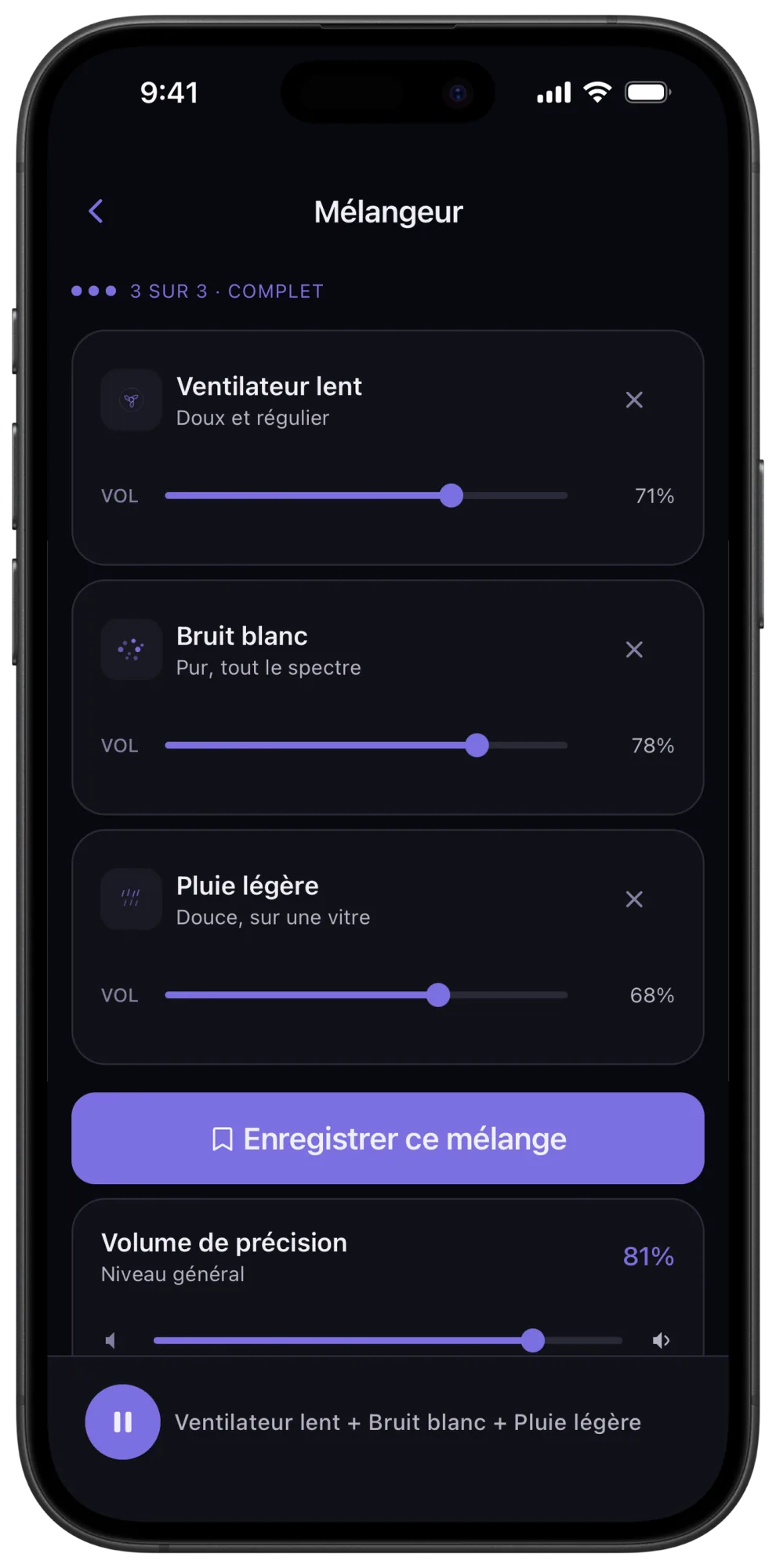 Mixeur de Veil avec ventilateur lent, bruit blanc et pluie légère, volumes indépendants, bouton pour enregistrer le mix et réglage précis du volume