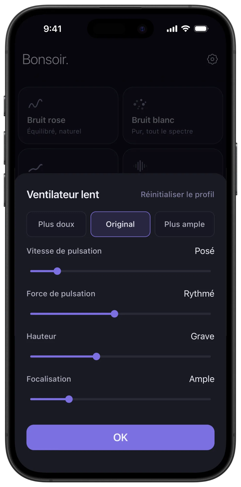 Réglages de la tonalité du ventilateur lent dans Veil