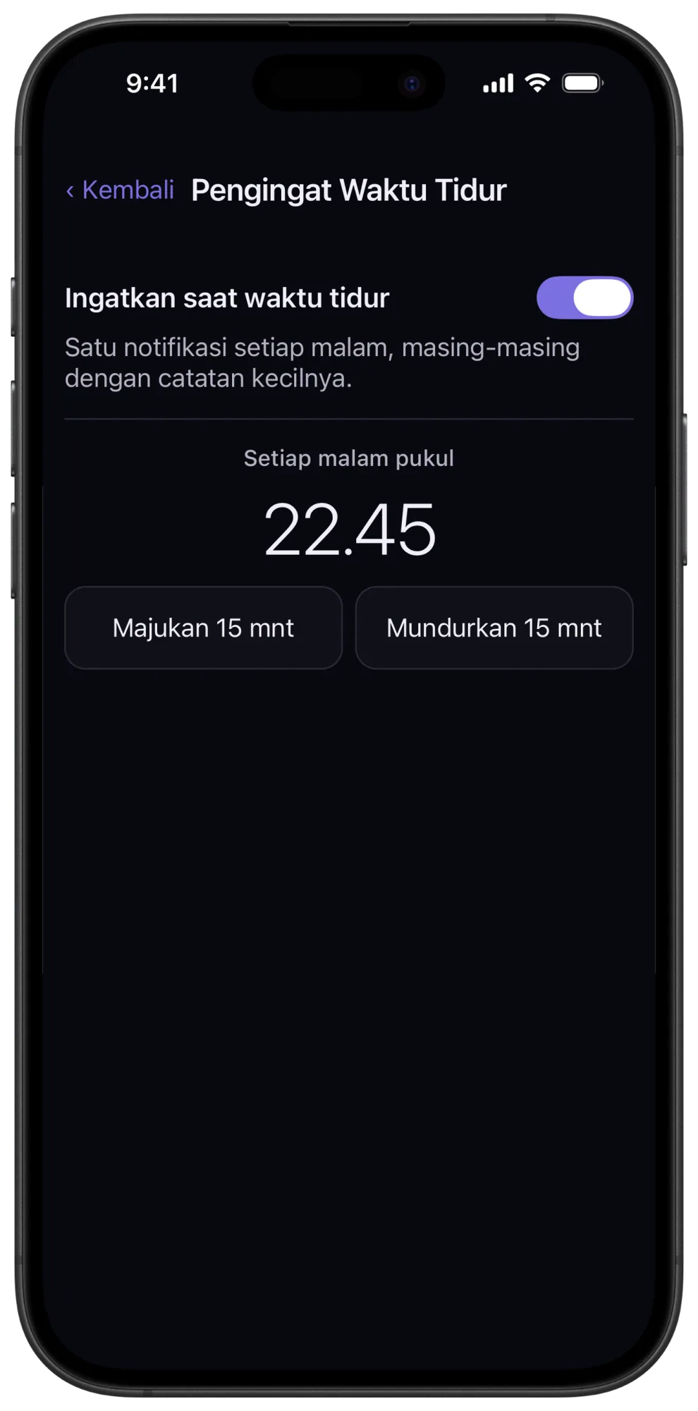 Pengaturan pengingat waktu tidur Veil dengan pilihan jam