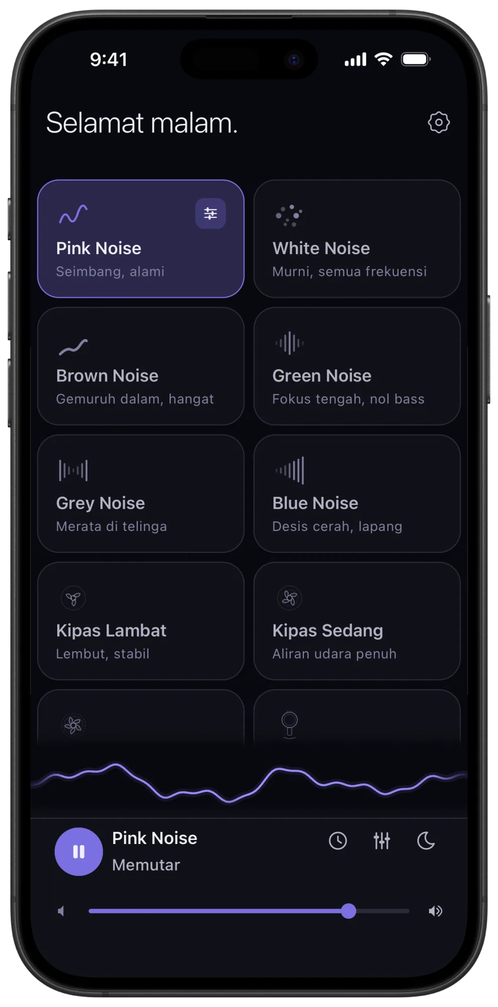 Layar utama Veil di iPhone: kisi gelap kartu suara, dengan brown noise di antara suara gratis, di atas penggeser volume presisi
