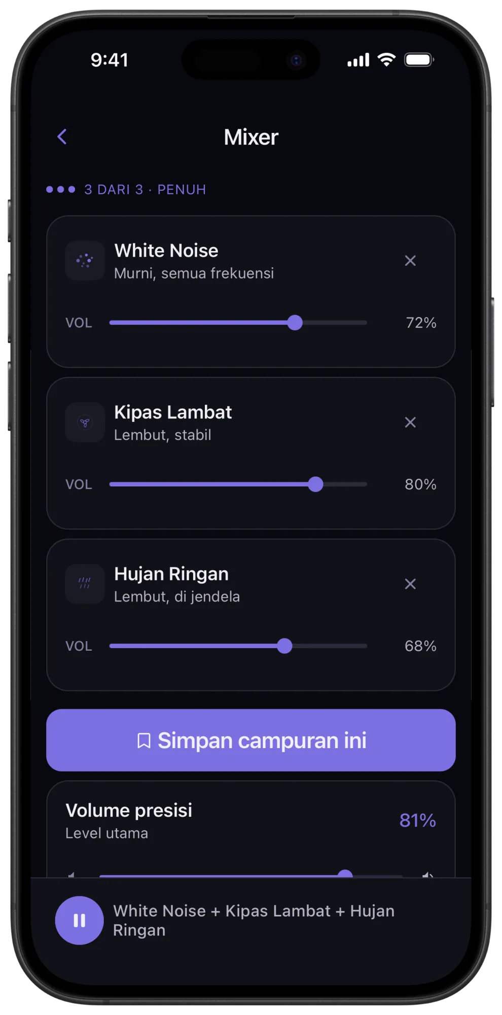 Mixer Veil dengan kipas lambat, white noise, dan hujan ringan pada level masing-masing, tombol Save this mix, dan kontrol precision volume