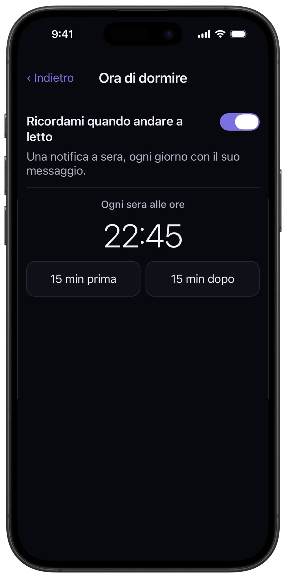 Impostazioni del promemoria di Veil per l'ora di dormire con selezione dell'orario