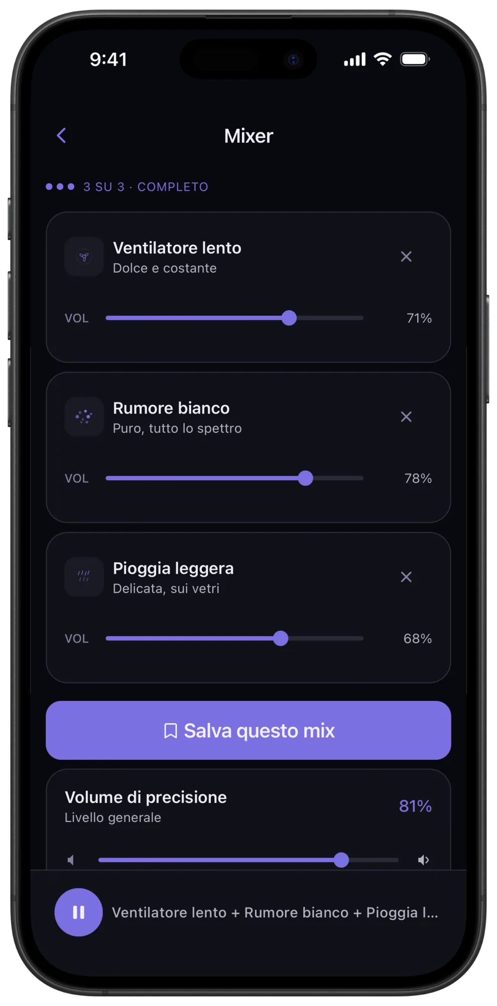 Mixer di Veil con ventilatore lento, rumore bianco e pioggia leggera a livelli indipendenti, un pulsante Salva questo mix e il controllo del volume di precisione