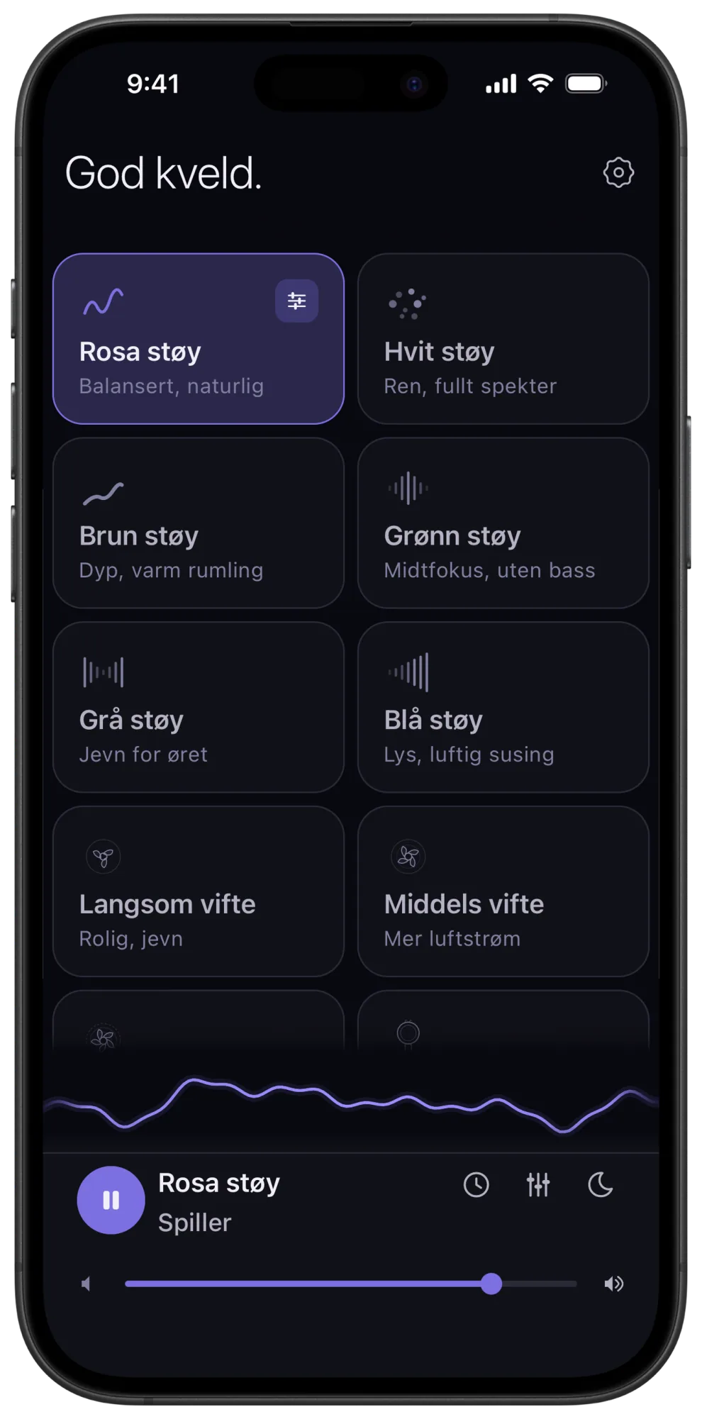 Veils startskjerm på en iPhone: et mørkt rutenett av lydkort, med brun støy blant gratislydene, over glidebryteren for presisjonsvolum