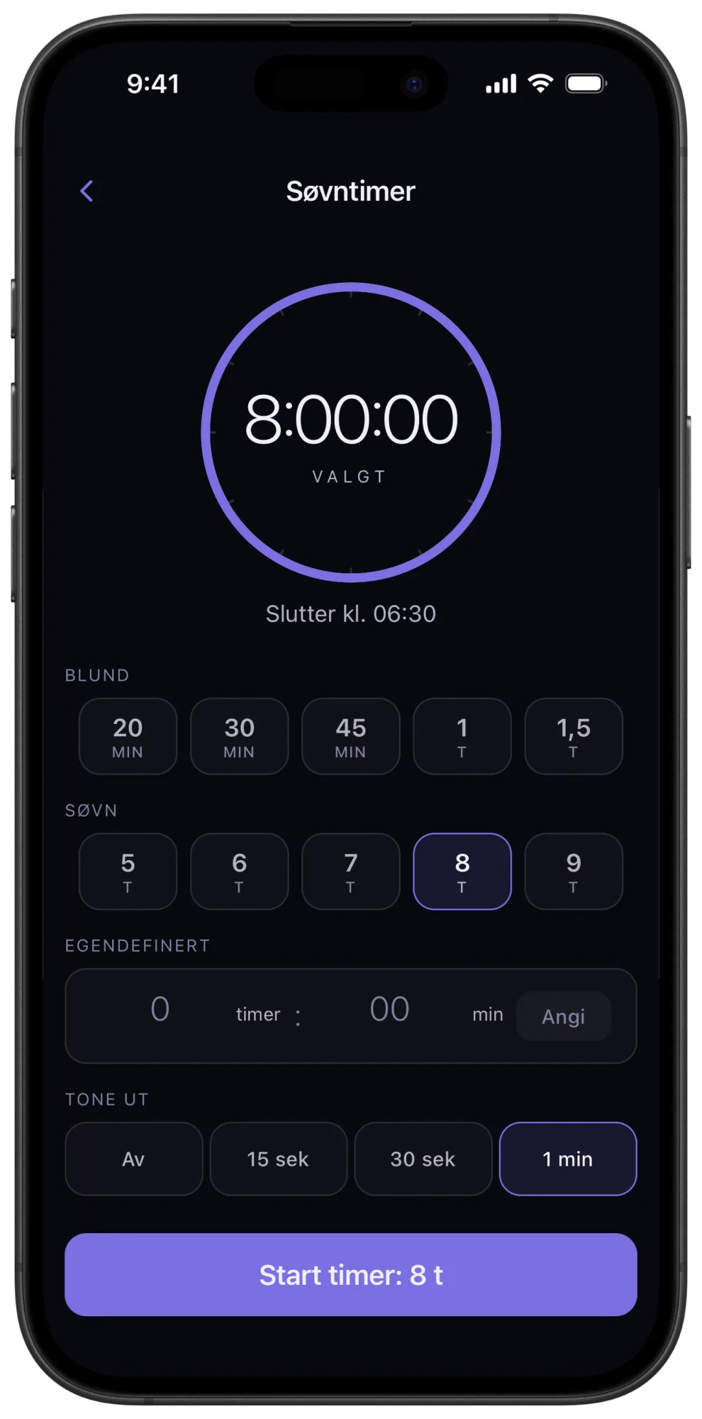 Veils søvntimer med kontroller for uttoning