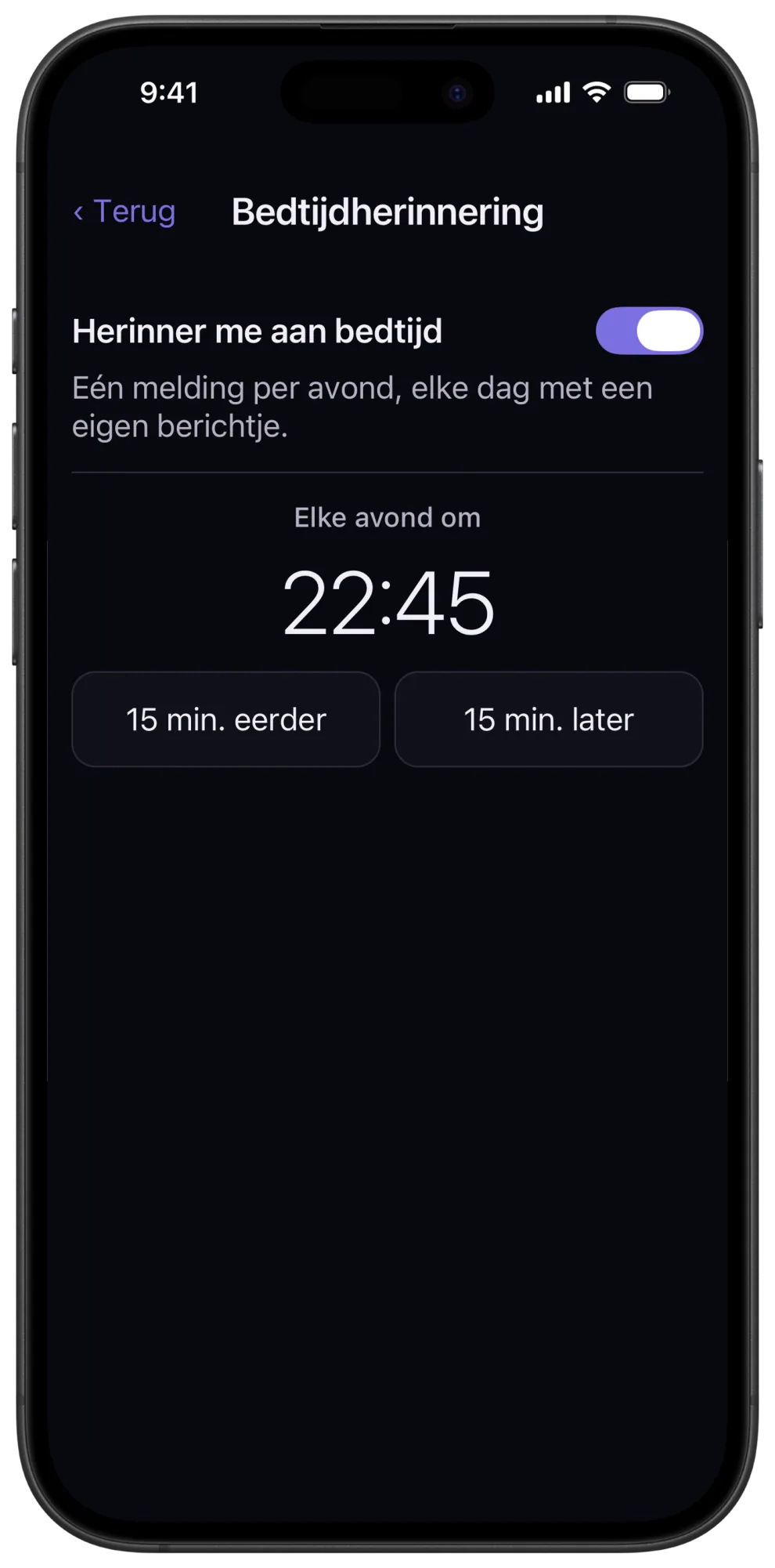 Instellingen voor de bedtijdherinnering in Veil, met tijdkeuze