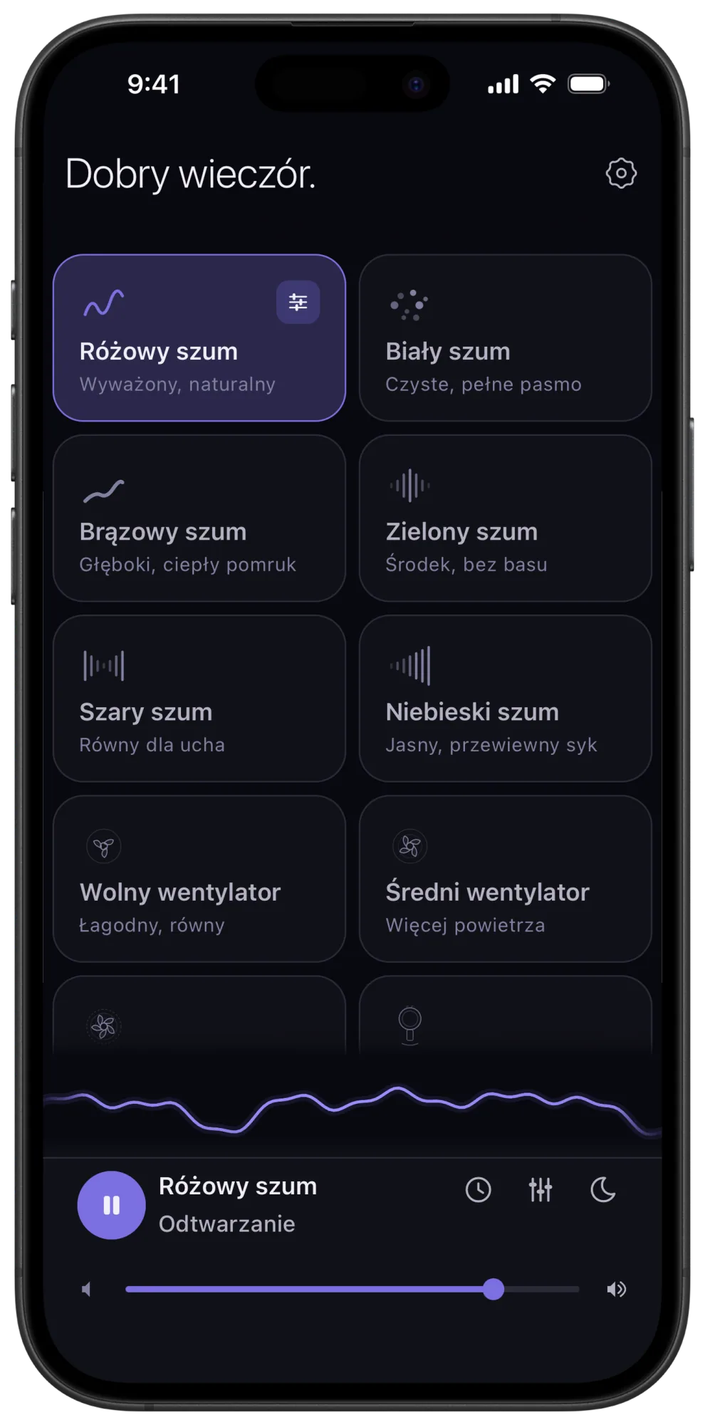 Ekran główny Veil na iPhonie: ciemna siatka kart z dźwiękami, z brązowym szumem wśród darmowych dźwięków, nad suwakiem precyzyjnej głośności