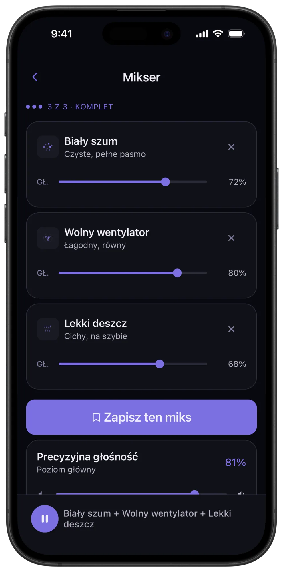 Mikser Veil z wolnym wentylatorem, białym szumem i lekkim deszczem na niezależnych poziomach, przyciskiem zapisu miksu i regulatorem precyzyjnej głośności