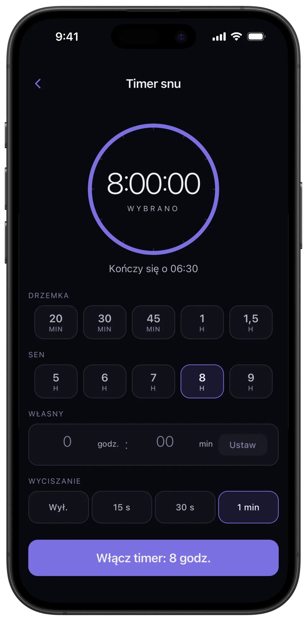 Timer snu w Veil z opcjami wyciszania