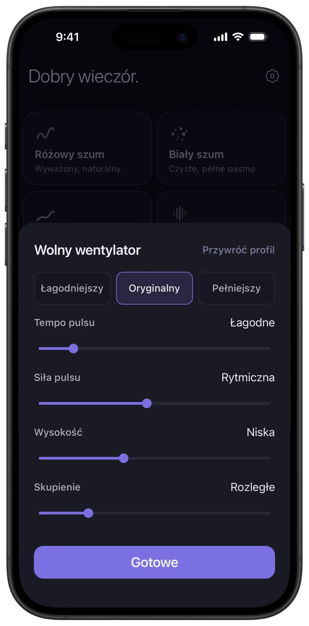 Arkusz dopasowania Veil dla wolnego wentylatora z suwakami Pulse Speed, Pulse Strength, Pitch i Focus (tempo pulsu, siła pulsu, wysokość, skupienie)