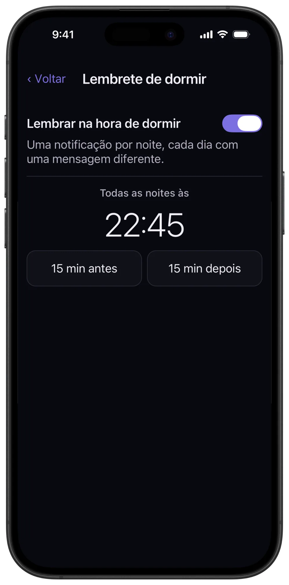 Configurações de lembrete de hora de dormir no Veil