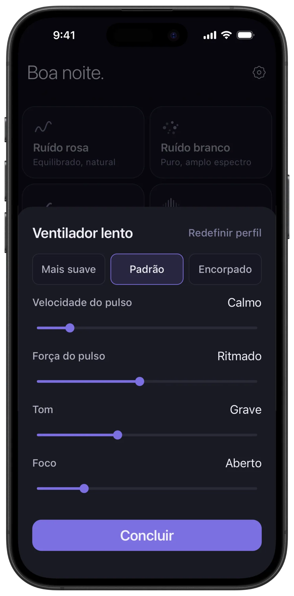 Painel de ajuste do Veil para o Ventilador lento, com os controles Velocidade do pulso, Força do pulso, Tom e Foco