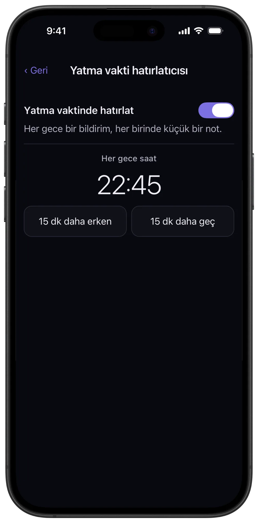 Saat seçiminin göründüğü Veil yatma vakti hatırlatıcı ayarları