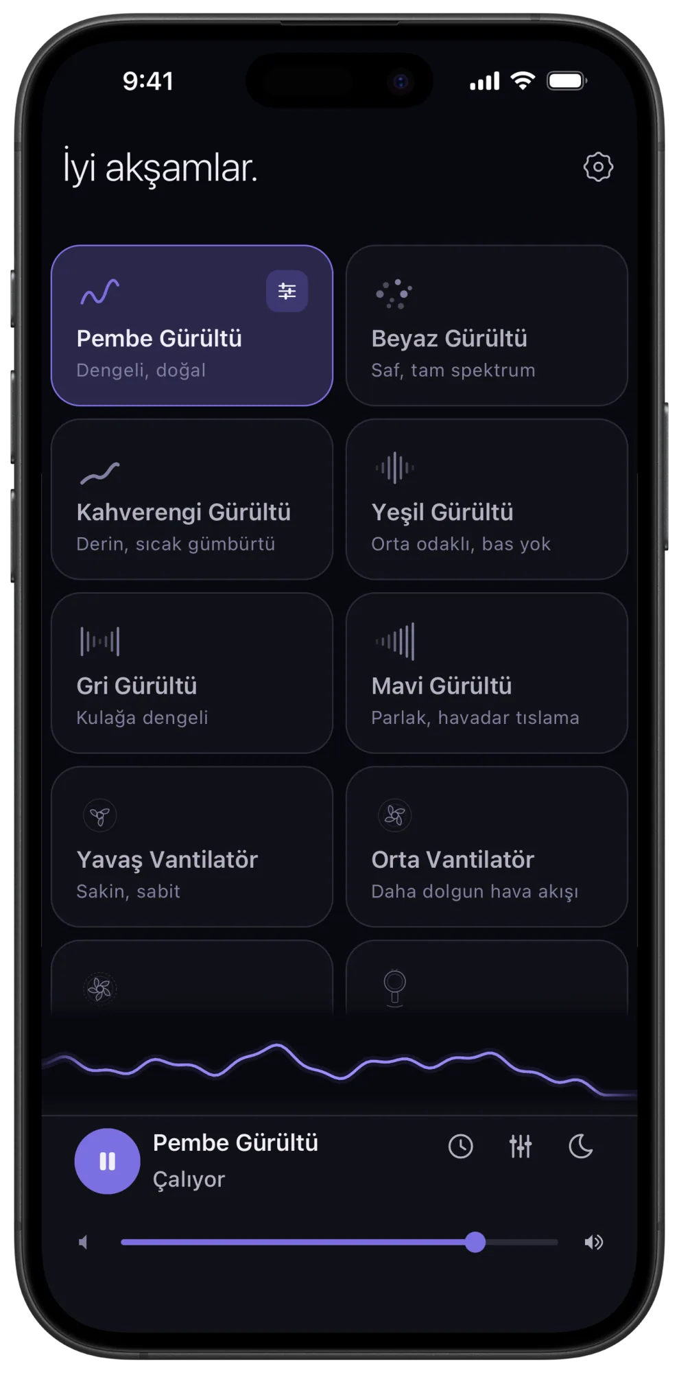 iPhone’da Veil ana ekranı: ücretsiz sesler arasında kahverengi gürültünün de bulunduğu koyu bir ses kartı ızgarası ve altında hassas ses düzeyi kaydırıcısı