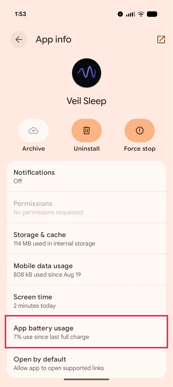 The Android App info screen for Veil Sleep on a Pixel, with the App battery usage row outlined in red near the bottom of the list.