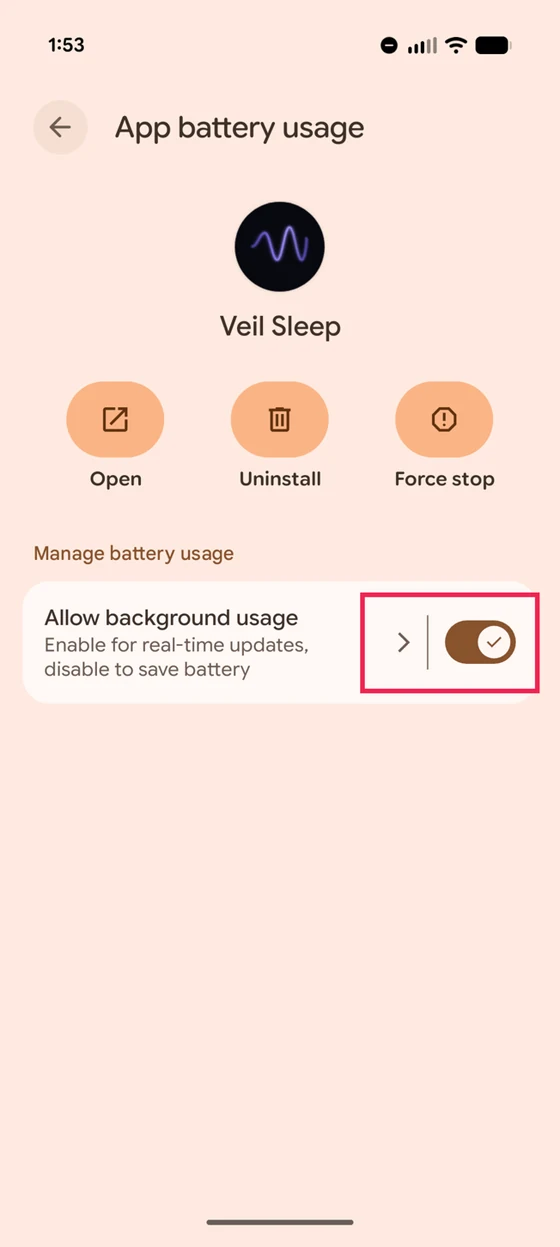 The App battery usage screen for Veil Sleep, with the Allow background usage row and its toggle outlined in red.