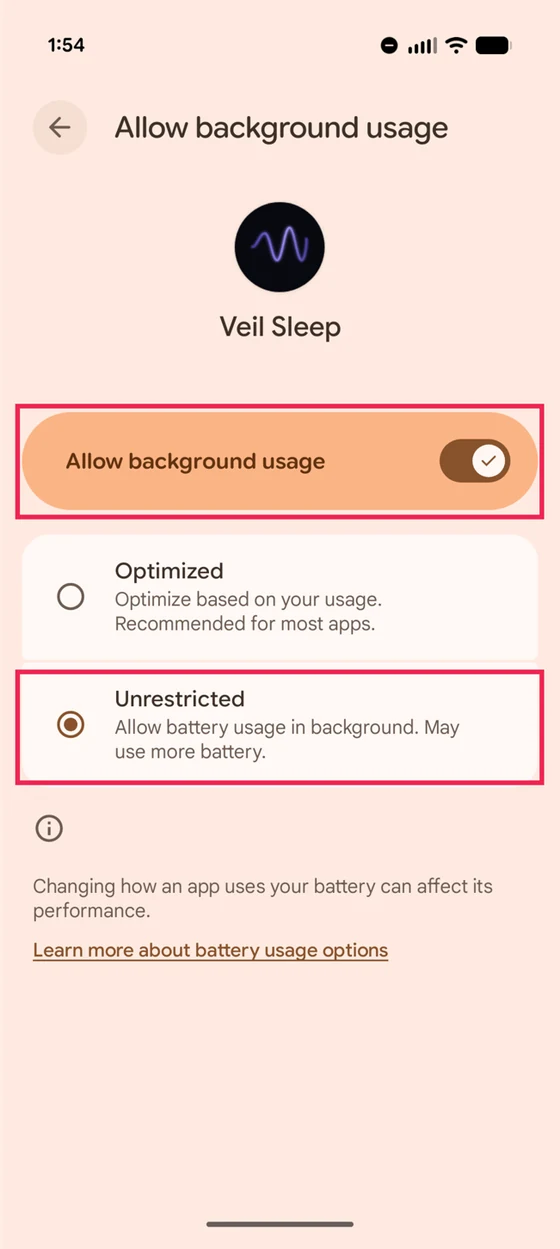 The Allow background usage screen, with the toggle switched on and the Unrestricted option selected, both outlined in red.