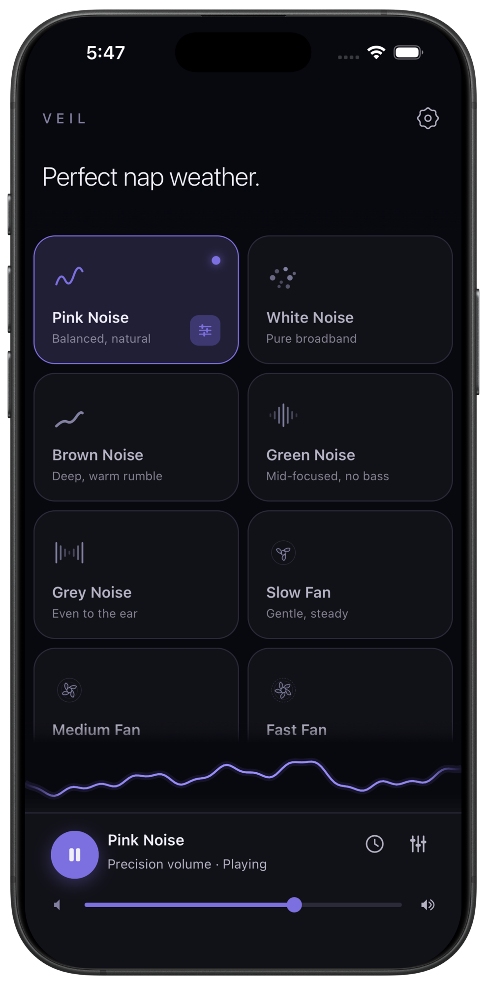 Veil home screen: a dark grid of sound cards with pink noise playing, brown noise among the cards, and the precision volume slider in the now-playing bar