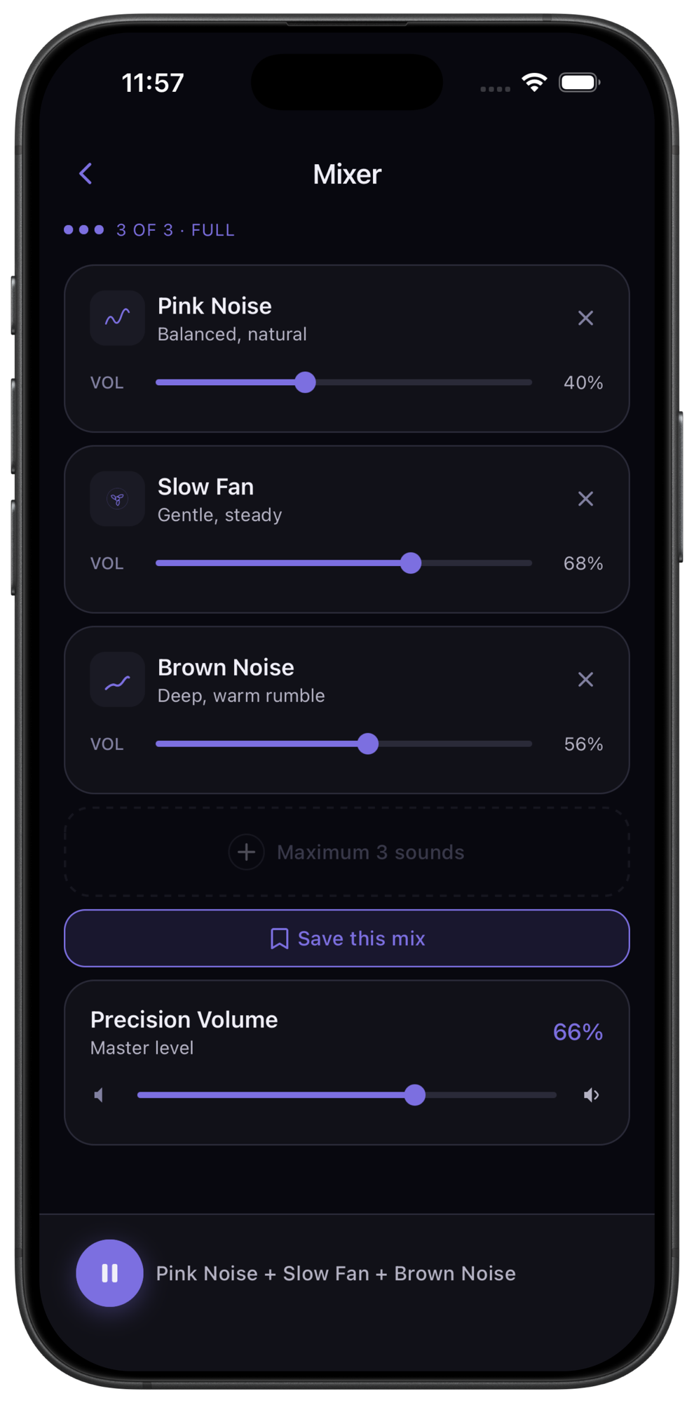 Veil mixer with pink noise, slow fan and brown noise at independent levels, a Save this mix button and the precision volume control